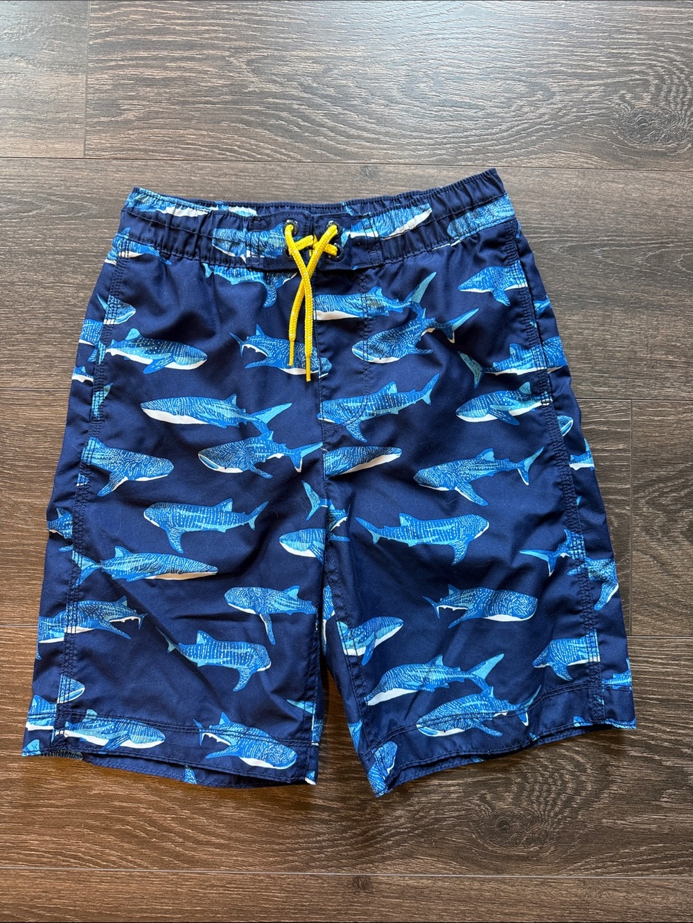 GAP Boys Navy Shark Swim Trunks with Yellow Drawstring